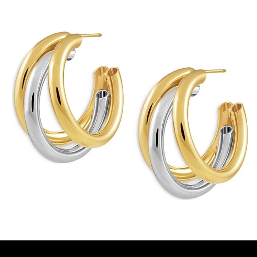 AQUA LEXI 18K GOLD PLATED SILVER TRIPLE TUBE HUGGIE HOOP EARRINGS 1" NWT